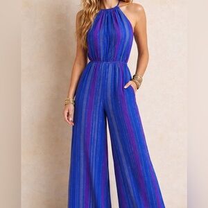 Cleobella Blue & Purple Gold Shimmery Striped Halter Jumpsuit Size 8